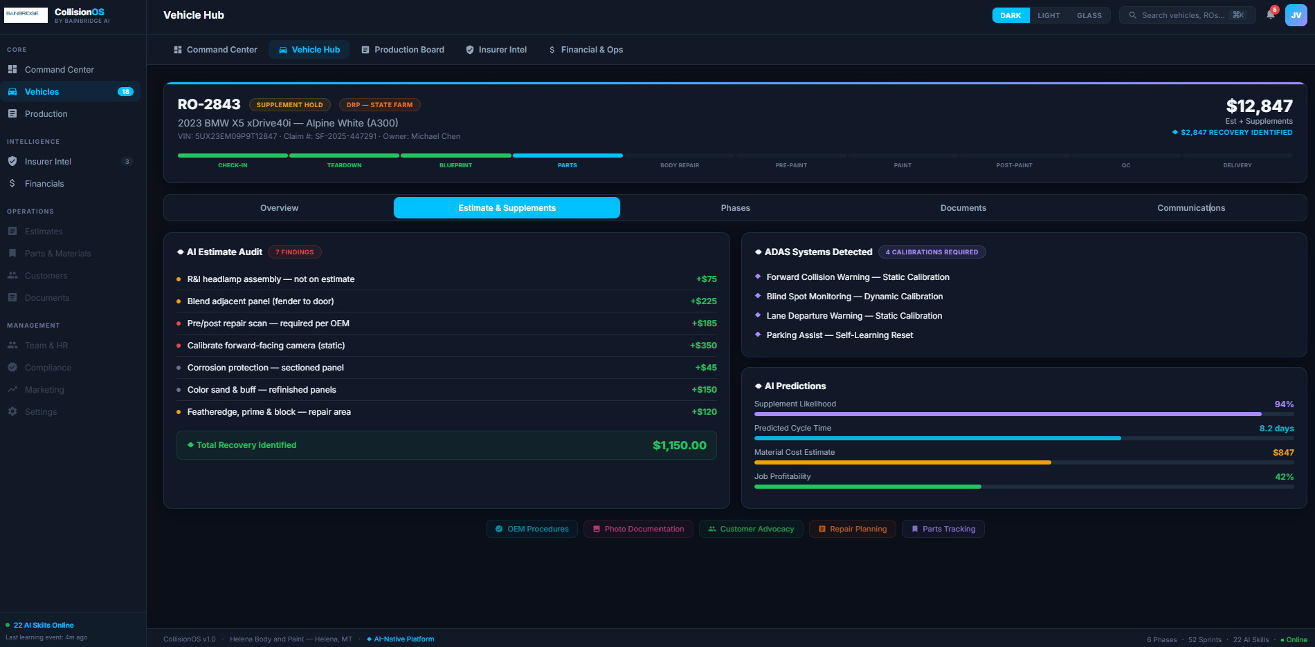 CollisionOS Vehicle Hub showing individual vehicle view with AI Estimate Audit, ADAS detection, and AI Predictions