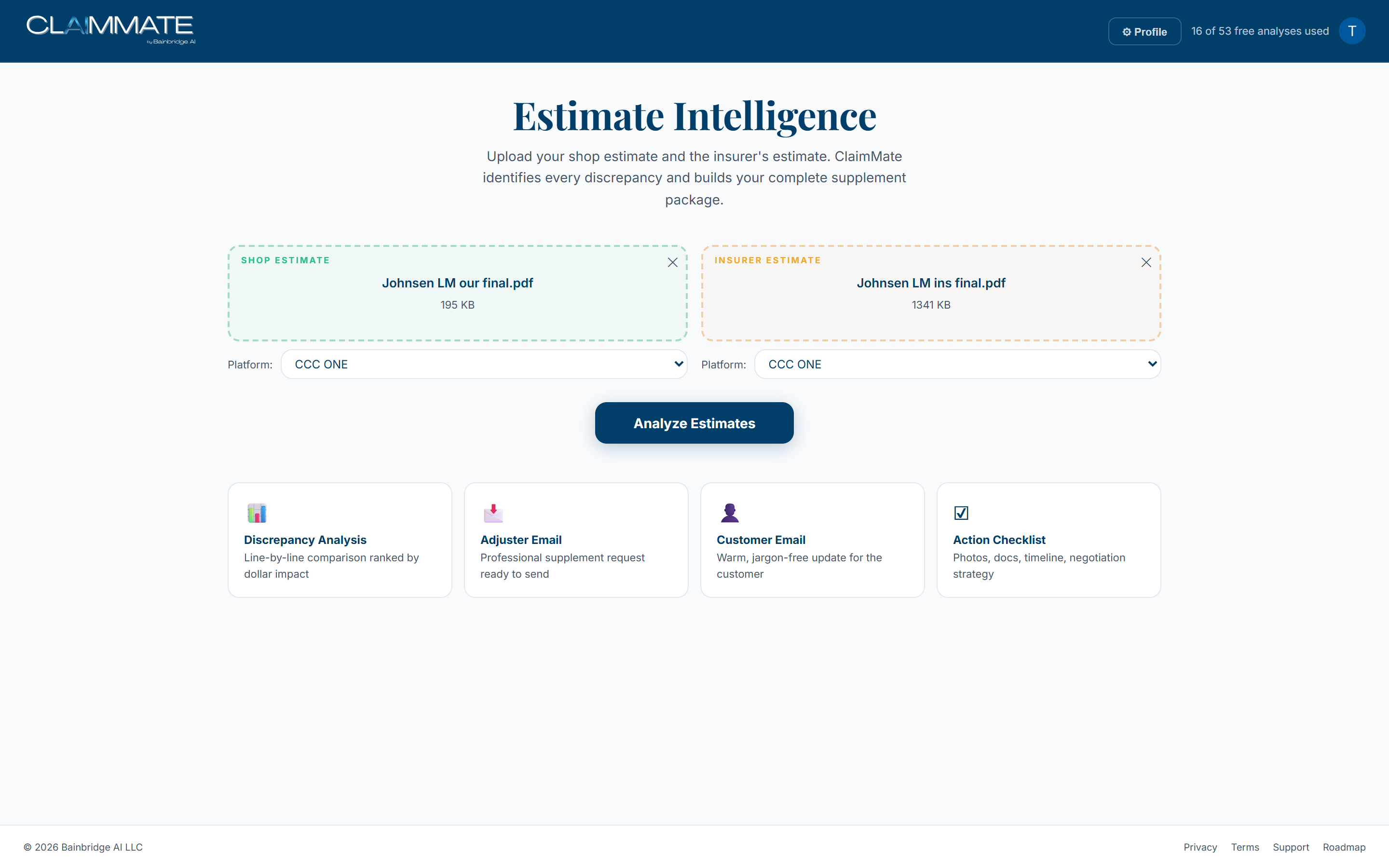 ClaimMate AI upload dashboard showing two PDFs loaded with four-tab output preview for supplement analysis