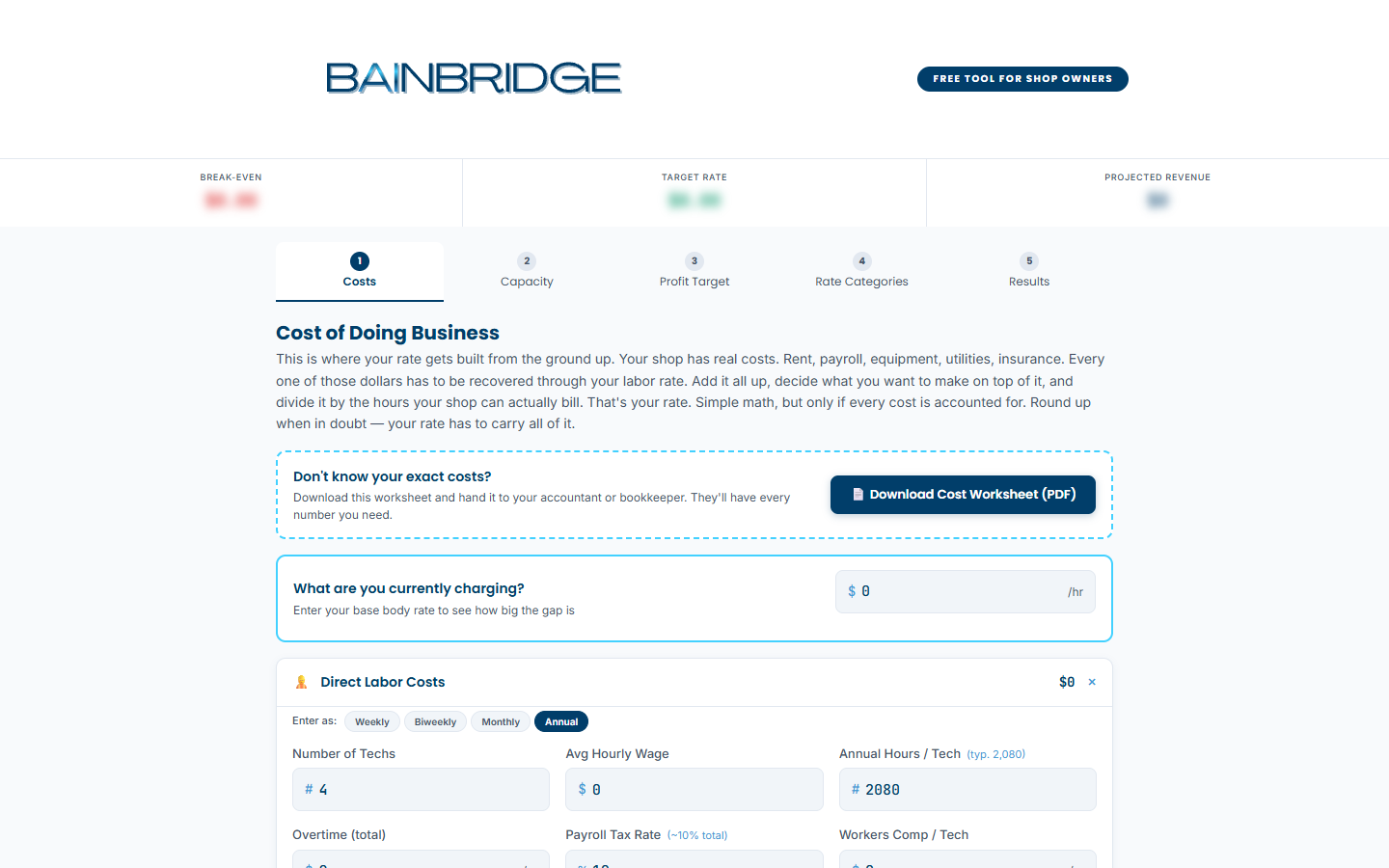 Labor Rate Calculator showing the cost-of-doing-business intake step